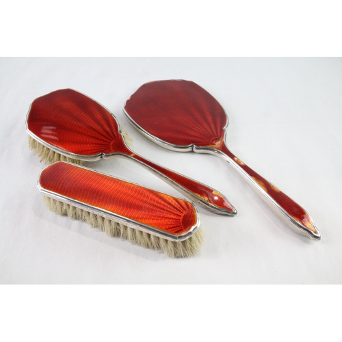 364 - Vintage 1935 Birmingham Sterling Silver Guilloche Enamel Brush Set (341g)