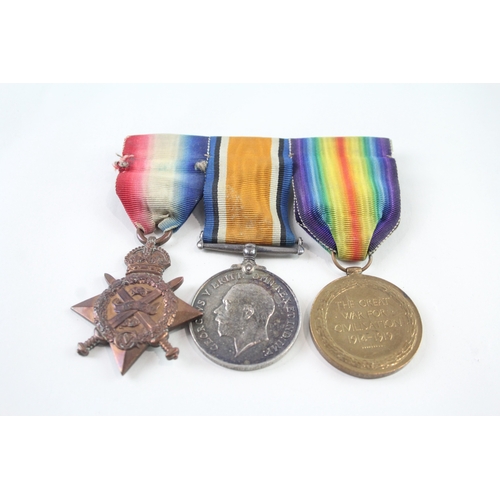 370 - WW1 Mounted 1914 Mons Star Medal Trio 5854 Pte C. H. Spencer Scots Guards