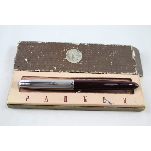 442 - Vintage Parker 51 Burgundy Fountain Pen w/ 14ct Gold Nib, Original Box WRITING