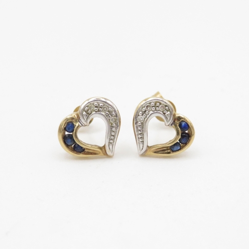 103 - 9ct gold sapphire and diamond heart stud earrings (1.5g)