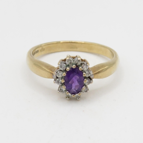 148 - 9ct gold amethyst and diamond halo ring (3.3g) Size Q