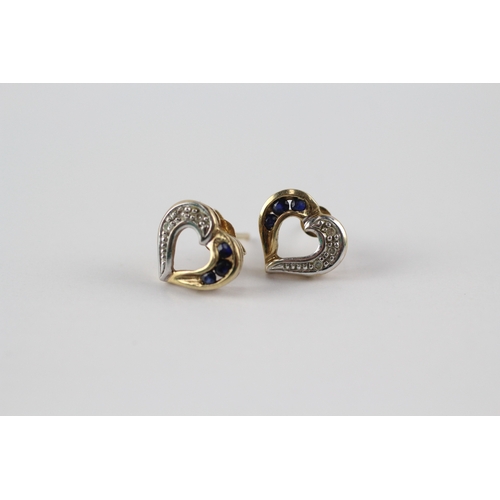 103 - 9ct gold sapphire and diamond heart stud earrings (1.5g)