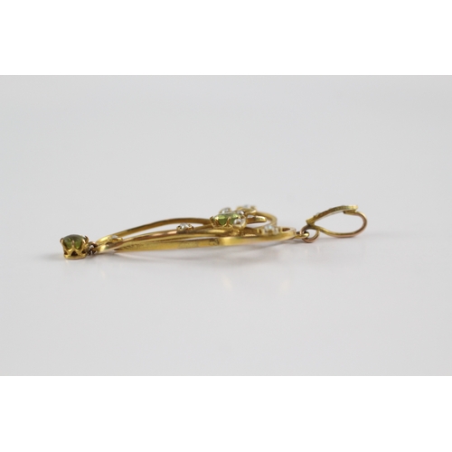 105 - 9ct gold peridot and seed pearl lavaliere pendant (2.5g)