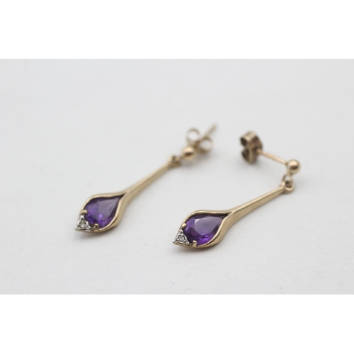 135 - 9ct gold amethyst and diamond set drop earrings (2g)