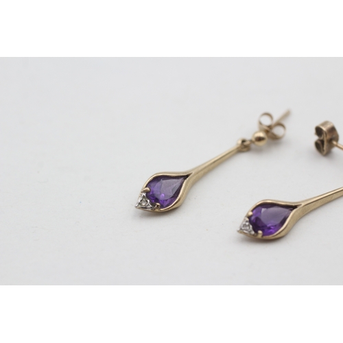 135 - 9ct gold amethyst and diamond set drop earrings (2g)