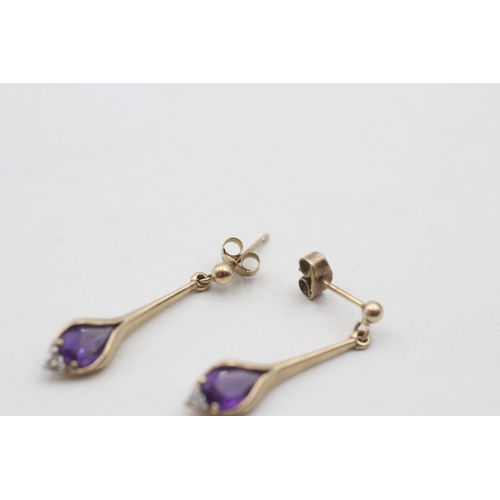 135 - 9ct gold amethyst and diamond set drop earrings (2g)