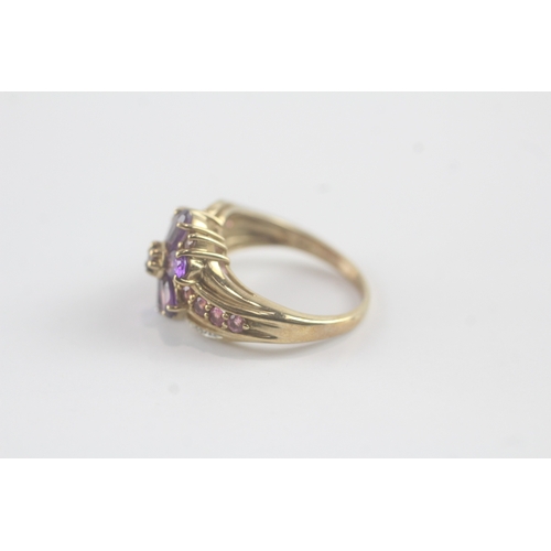 143 - 9ct gold diamond, amethyst, garnet and tourmaline dress ring (4.5g) Size M