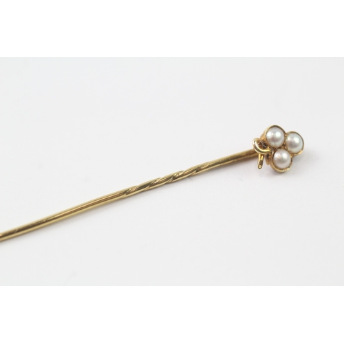 146 - 14ct gold seed pearl clover stick pin (1.2g)