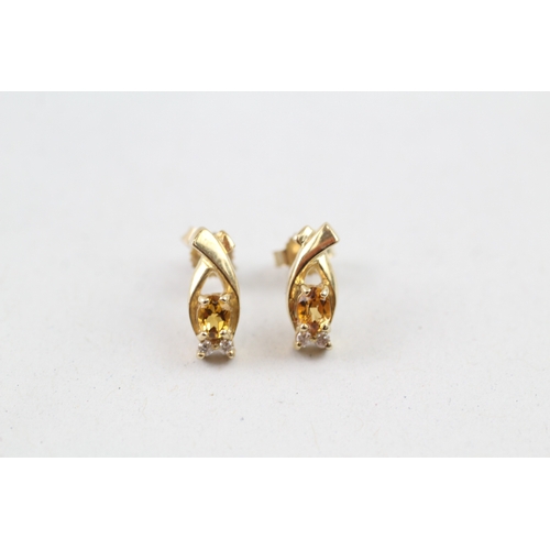 157 - 9ct gold citrine & diamond stud earrings (1.6g)