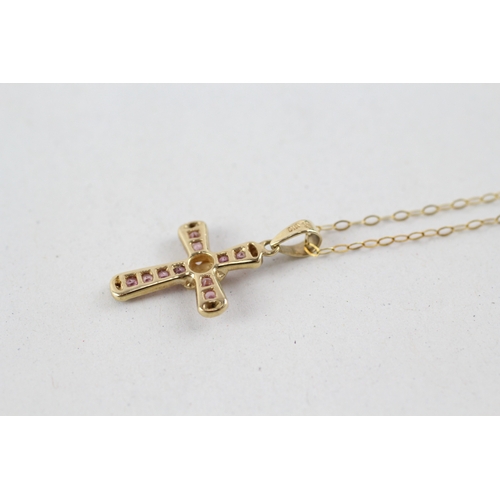 163 - 9ct gold ruby & diamond cross pendant necklace (1.3g)