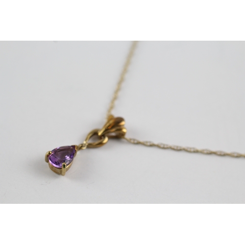 189 - 9ct gold amethyst pear pendant on chain (1.5g)