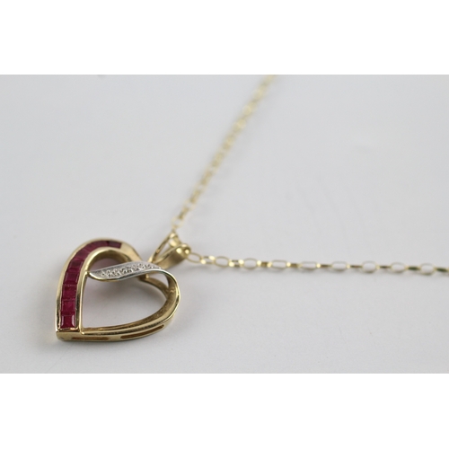 191 - 9ct gold diamond and ruby heart pendant on chain (2.7g)