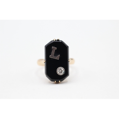 2 - 9ct gold onyx and diamond initial ring (3.5g) Size L