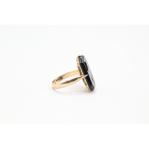 2 - 9ct gold onyx and diamond initial ring (3.5g) Size L