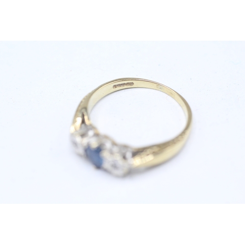 20 - 9ct gold illusion set diamond and sapphire trilogy ring (2.3g) Size M