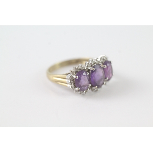 34 - 9ct gold three stone amethyst and diamond ring (2.9g) Size M