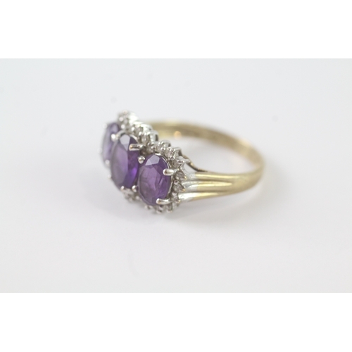 34 - 9ct gold three stone amethyst and diamond ring (2.9g) Size M