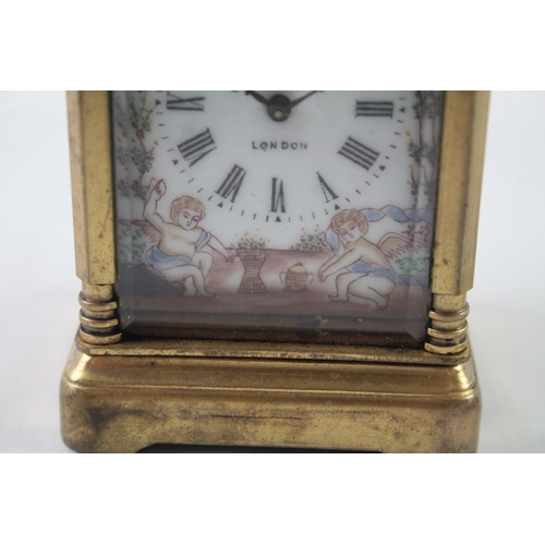 432 - Vintage Elliot & Son Carriage Clock W/ Painted Porcelain Key-Wind Spares/Repairs