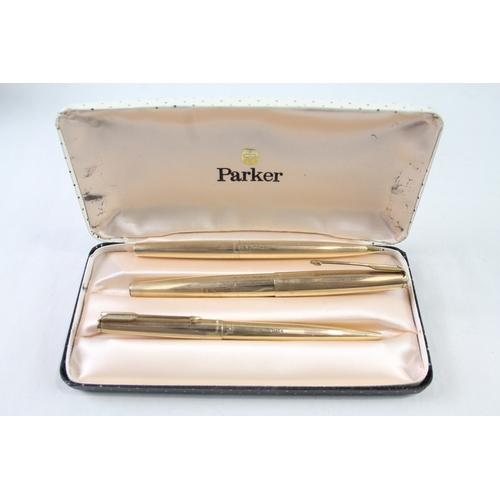 440 - Parker 61 Gold Plated Fountain Pen Set w/ 14ct Gold Nib, Ballpoint, Pencil, Box