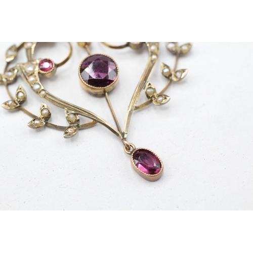 56 - 9ct gold Edwardian garnet and seed pearl set lavaliere pendant (3.2g)