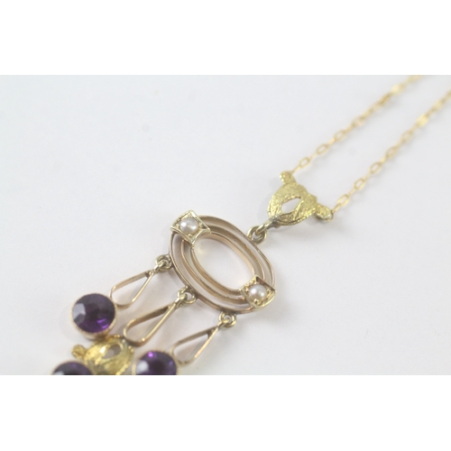 65 - 14ct gold amethyst and split pearl pendant on chain (2.6g)