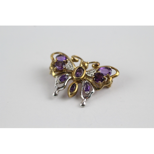 86 - 9ct gold amethyst and diamond butterfly brooch (2.9g)