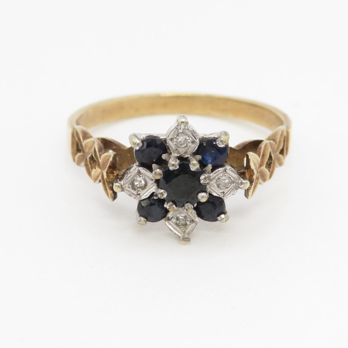 113 - 9ct gold diamond and sapphire set cluster ring (2.3g) Size N