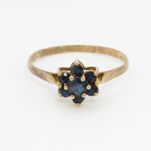 63 - 9ct gold and sapphire flower cluster set ring (1g) Size O