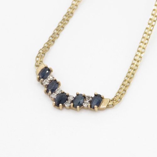 84 - 9ct gold sapphire and diamond row necklace (4.5g)