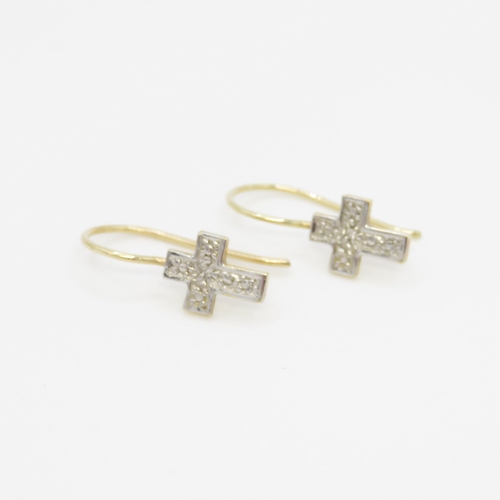 89 - 9ct gold diamond set cross static drop earrings (1.3g)