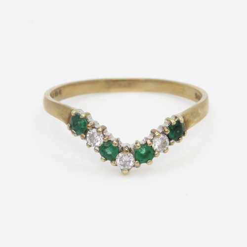 96 - 9ct gold diamond and emerald set wishbone ring (1.2g) Size P