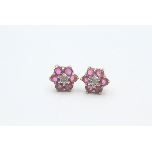 112 - 9ct gold diamond and ruby set floral cluster earrings (1.1g)