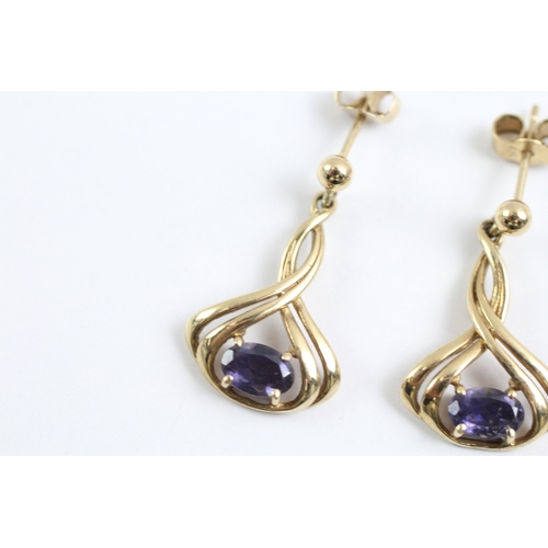 39 - 9ct gold iolite twist drop earrings (2.4g)