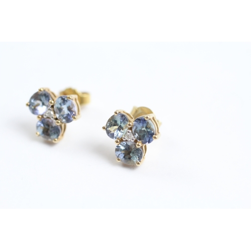 45 - 9ct gold diamond and tanzanite cluster stud earrings (2.2g)