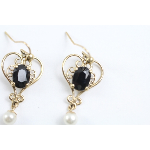 50 - 9ct gold sapphire and faux pearl heart drop earrings (1.7g)