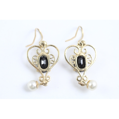 50 - 9ct gold sapphire and faux pearl heart drop earrings (1.7g)