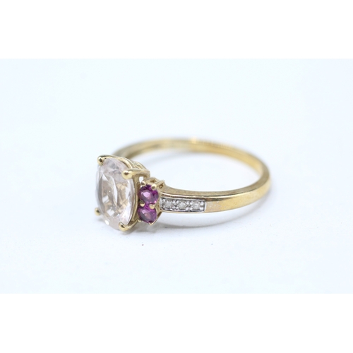 55 - 9ct gold morganite, diamond and garnet set ring (2.6g) Size Q