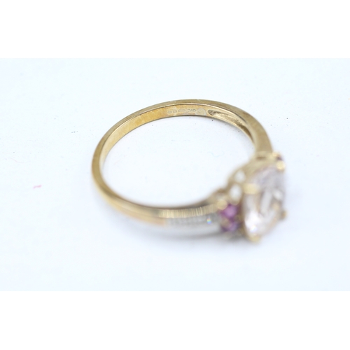 55 - 9ct gold morganite, diamond and garnet set ring (2.6g) Size Q