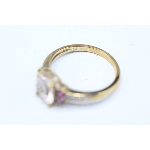 55 - 9ct gold morganite, diamond and garnet set ring (2.6g) Size Q