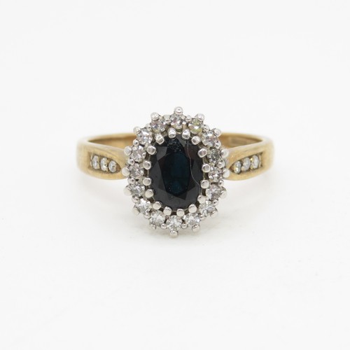 72 - 9ct gold diamond and sapphire set cluster ring (3.6g) Size N