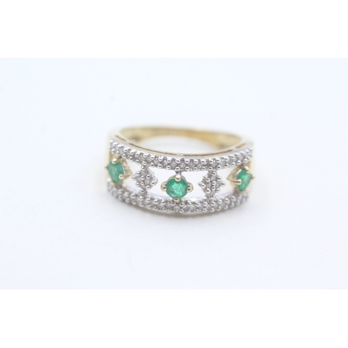 10 - 9ct gold emerald and diamond open work ring (3g) Size N