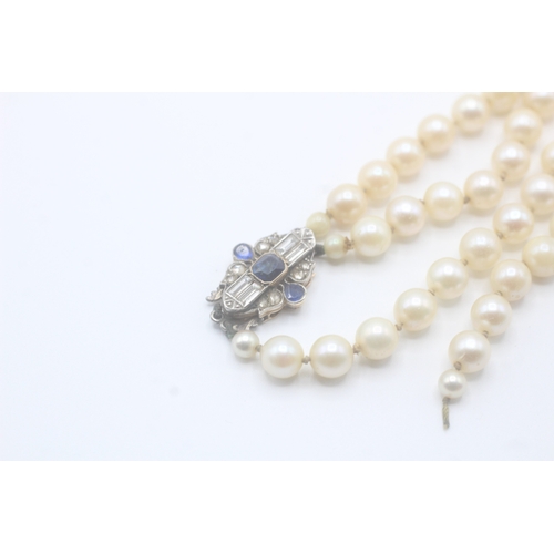 110 - 15ct gold & palladium antique cultured pearl necklace with a diamond, sapphire & blue paste clasp (4... 