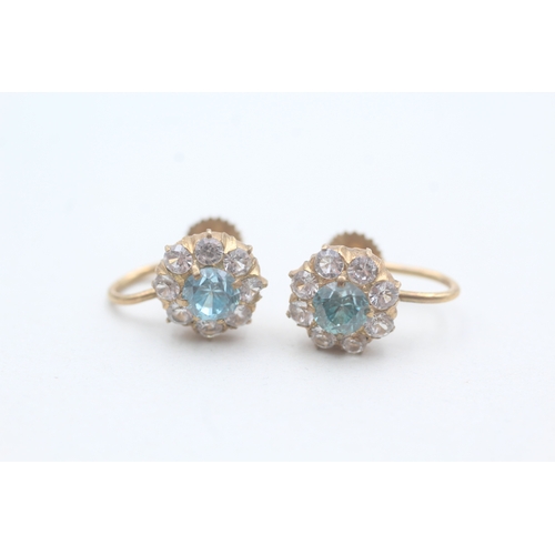 117 - 9ct gold antique blue zircon & white gemstone cluster earrings (2.7g) Size R