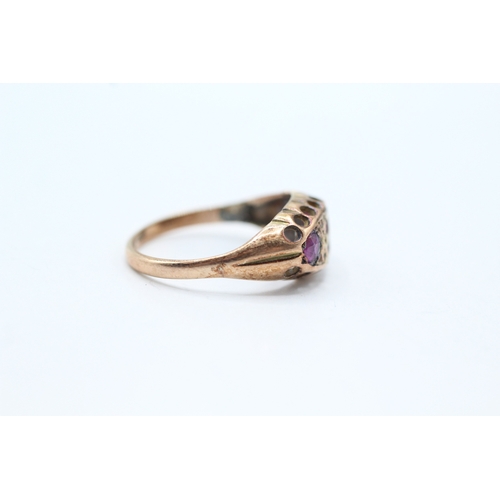 145 - 9ct gold vintage red gemstone & diamond dress ring, condition: damage to central gemstone (2.1g) Siz... 