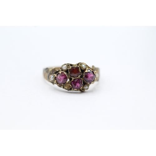 147 - 9ct gold antique garnet & seed pearl dress ring, condition: missing stone (2.4g) Size N 1/2