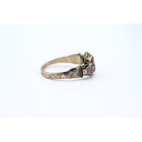 147 - 9ct gold antique garnet & seed pearl dress ring, condition: missing stone (2.4g) Size N 1/2