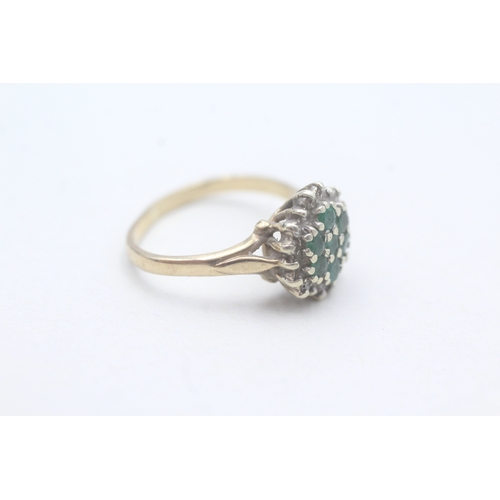 15 - 9ct gold emerald and diamond cluster ring (2.4g) Size L 1/2