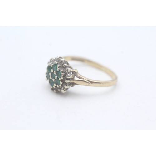 15 - 9ct gold emerald and diamond cluster ring (2.4g) Size L 1/2