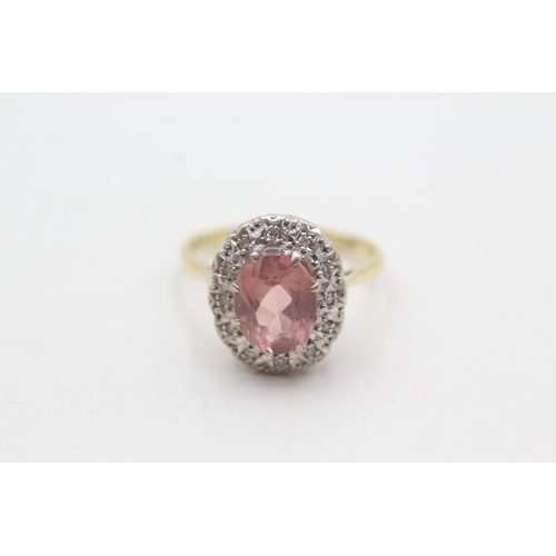 187 - 18ct gold diamond & pink tourmaline oval cluster ring (5.3g) Size O