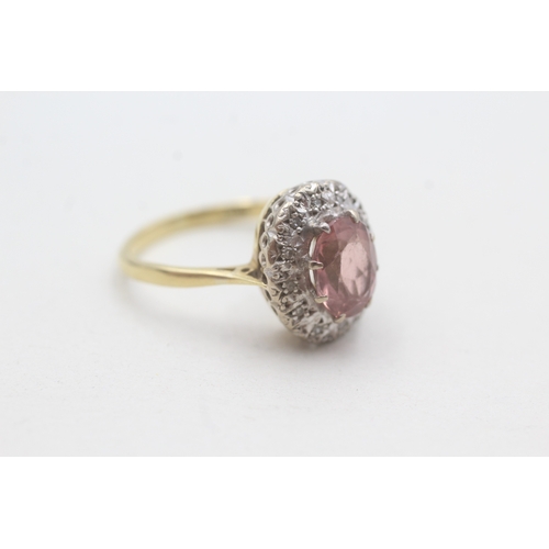 187 - 18ct gold diamond & pink tourmaline oval cluster ring (5.3g) Size O